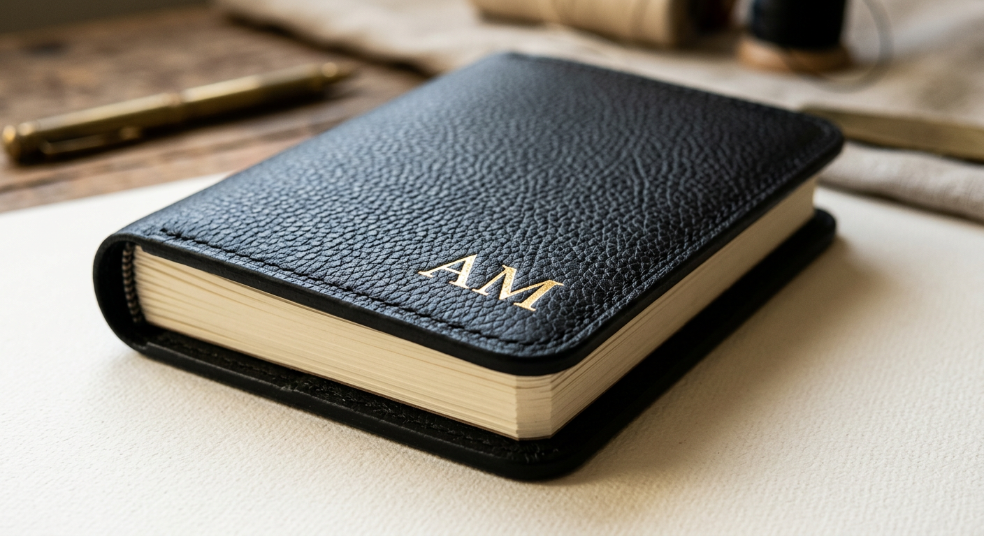 Close detail of foil lettering and tonal stitching on a planner cover