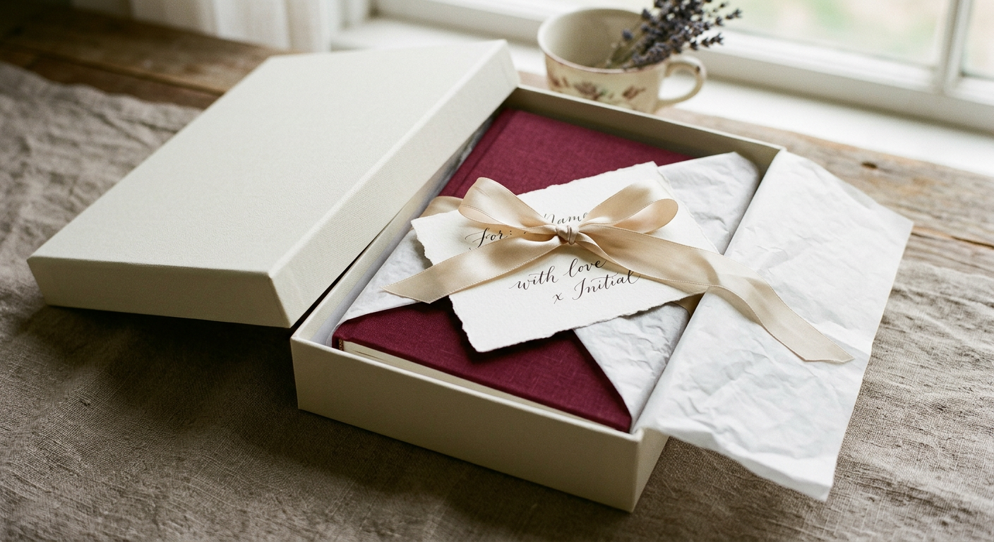 A planner wrapped in an ivory gift box with a handwritten card
