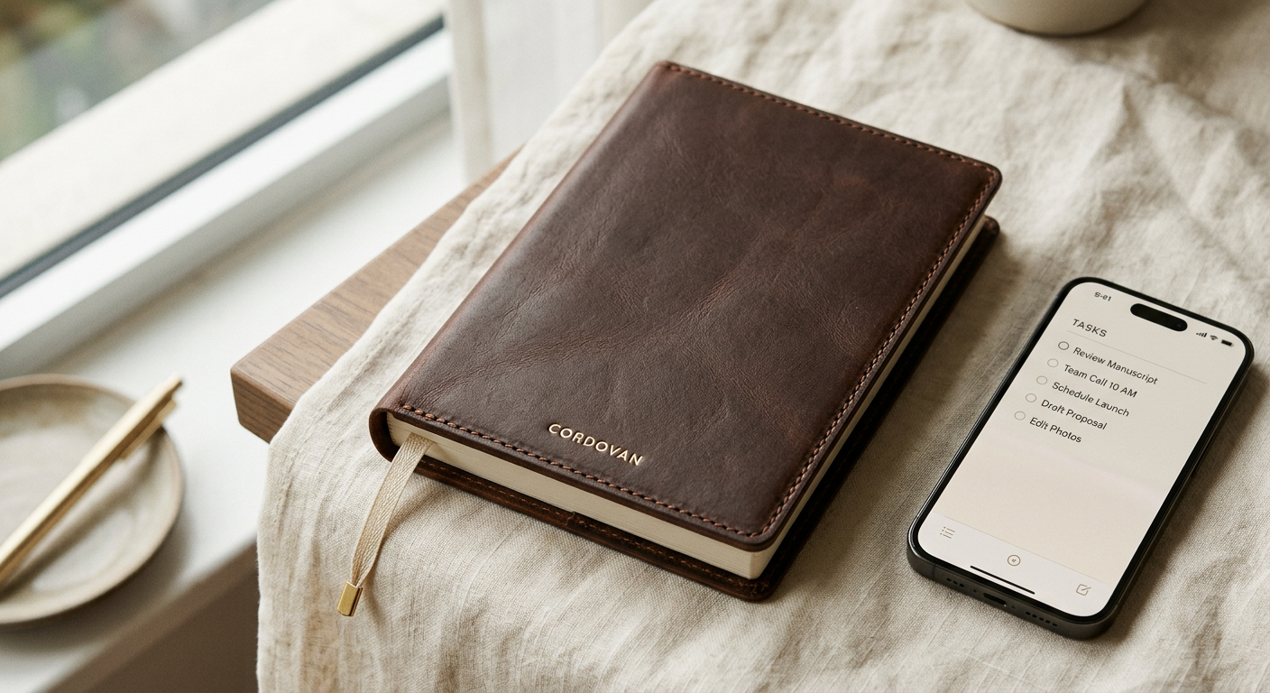 A personalized leather-look goal planner open on a linen desk beside a phone showing the companion app